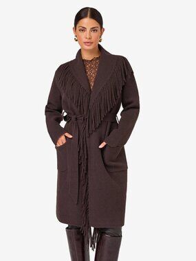 NVLT Mink Eyelash Fringe Coatigan Espresso Shawl Collar Belted Duster Cardigan